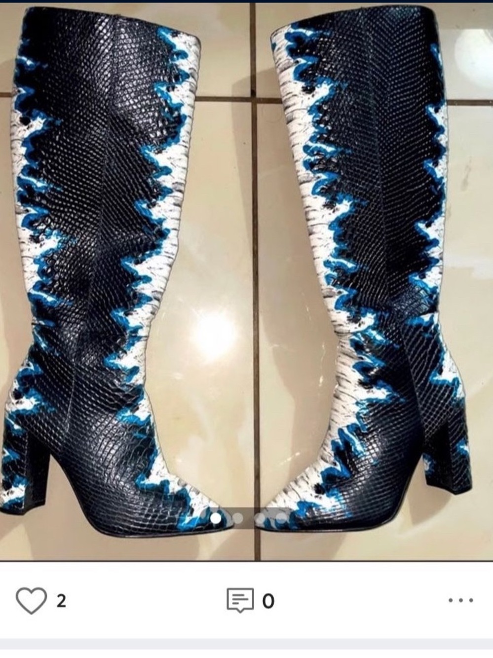 Gianni Bini Black Snake-Texture Knee Boots with Blue and Cream Trim